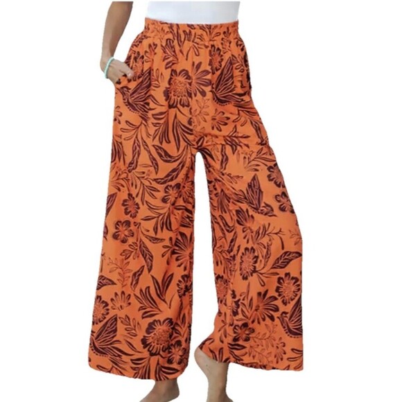 Patrons of Peace Boho Wide Leg Pants M Floral Smocked Waist Orange Rayon Beach - Picture 1 of 9